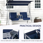 '-Outsunny 2 Person Porch Swing with Stand, Outdoor Swing with Canopy, Cup Holders, Cushions for Patio, Backyard, Dark Blue - Outdoor Style Company