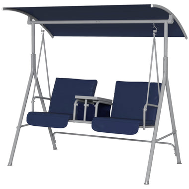 -Outsunny 2 Person Porch Swing with Stand, Outdoor Swing with Canopy, Cup Holders, Cushions for Patio, Backyard, Dark Blue - Outdoor Style Company