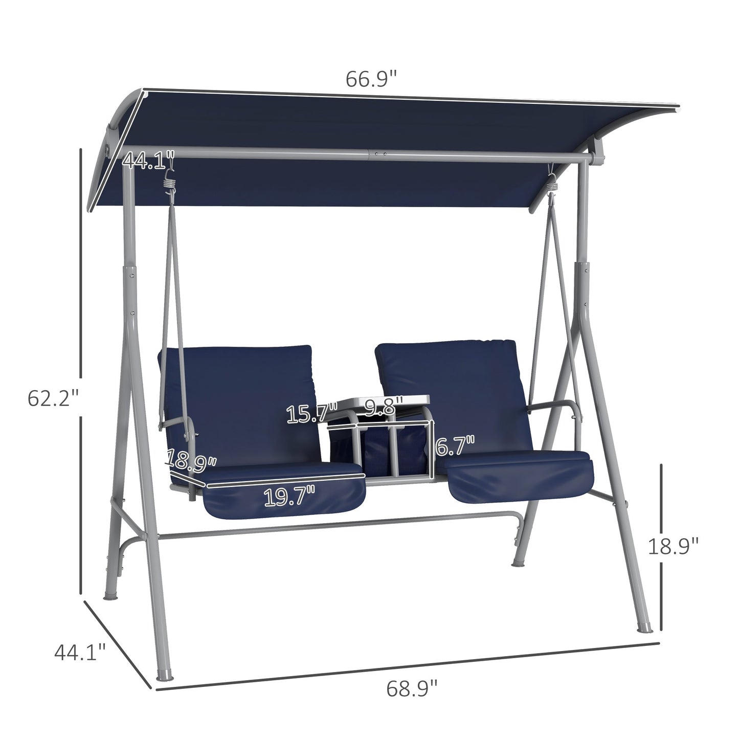 '-Outsunny 2 Person Porch Swing with Stand, Outdoor Swing with Canopy, Cup Holders, Cushions for Patio, Backyard, Dark Blue - Outdoor Style Company