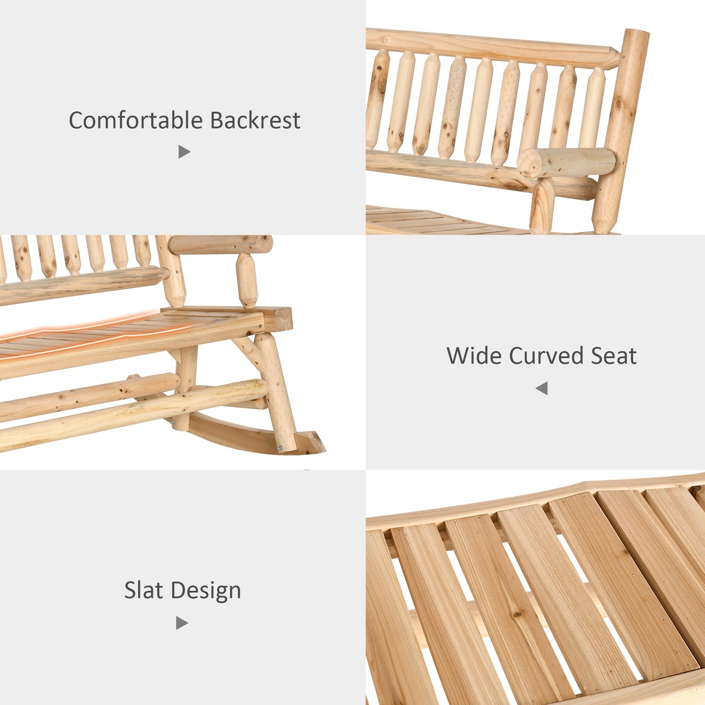 '-Outsunny 2-Person Wood Rocking Chair with Log Design, Heavy Duty Loveseat with Wide Curved Seats for Patio, Backyard, Garden, Natural - Outdoor Style Company