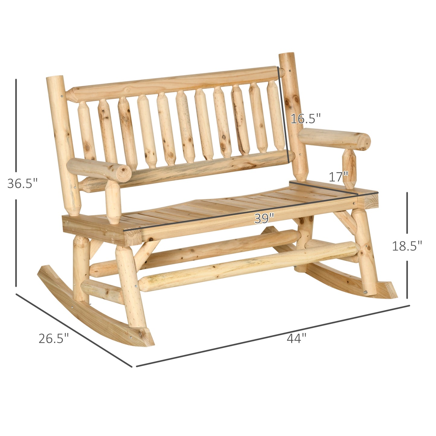 '-Outsunny 2-Person Wood Rocking Chair with Log Design, Heavy Duty Loveseat with Wide Curved Seats for Patio, Backyard, Garden, Natural - Outdoor Style Company