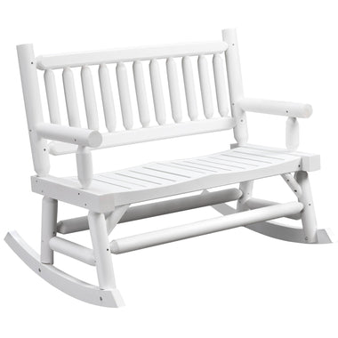 -Outsunny 2-Person Wood Rocking Chair with Log Design, Heavy Duty Loveseat with Wide Curved Seats for Patio, Backyard, Garden, White - Outdoor Style Company