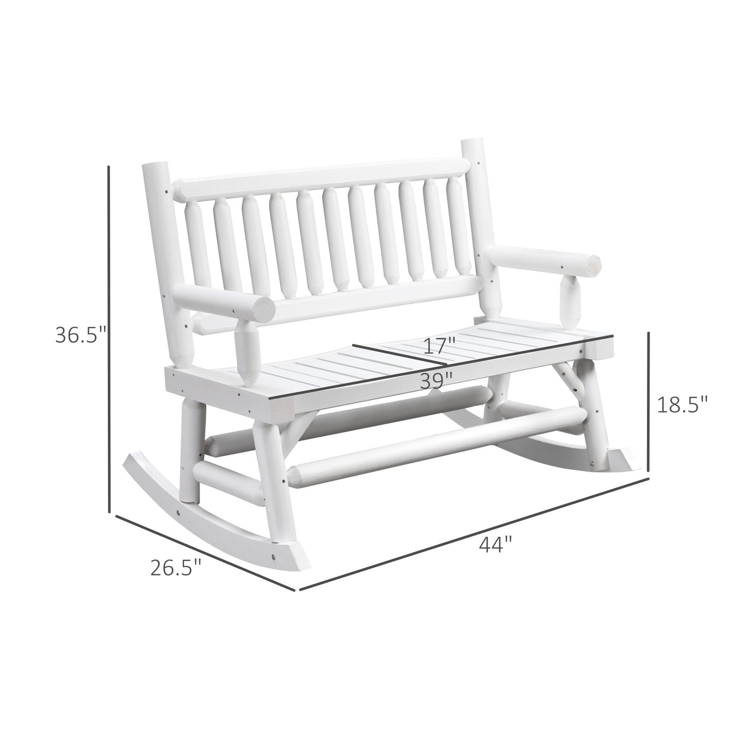 '-Outsunny 2-Person Wood Rocking Chair with Log Design, Heavy Duty Loveseat with Wide Curved Seats for Patio, Backyard, Garden, White - Outdoor Style Company