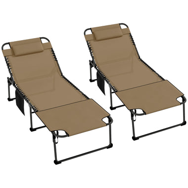 -Outsunny 2 Piece Folding Chaise Lounge Pool Chairs with 5-level Reclining Back, Reading Hole, Side Pocket, Beige - Outdoor Style Company