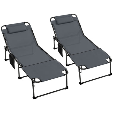 -Outsunny 2 Piece Folding Chaise Lounge Pool Chairs with 5-level Reclining Back, Reading Hole, Side Pocket, Gray - Outdoor Style Company