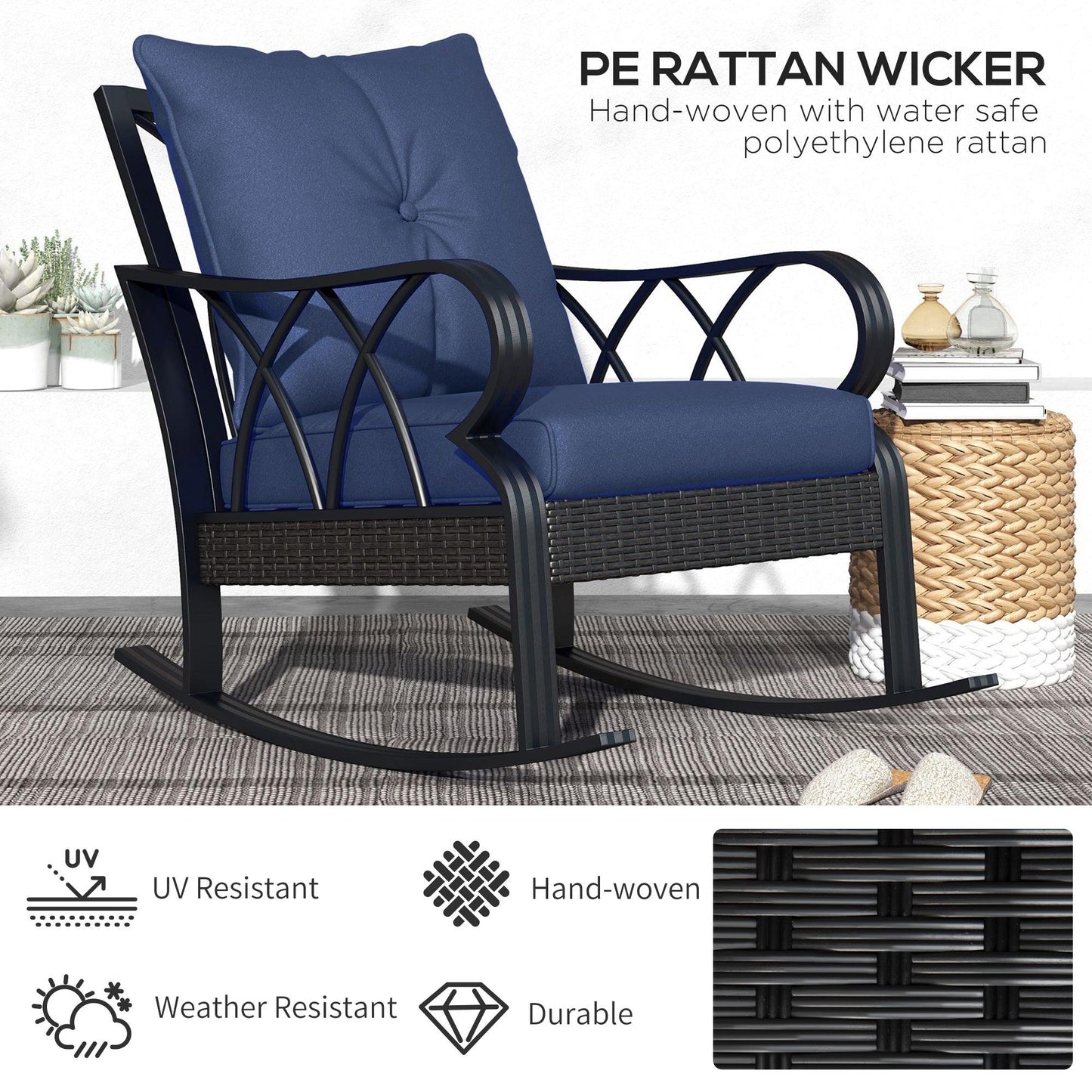 Reclining Lounge Chairs - Outsunny 2 Piece Outdoor Wicker Rocking Chairs Rattan Porch Rockers with Cushions, Aluminum Frame for Garden, Patio, Blue - Outdoor Style Company