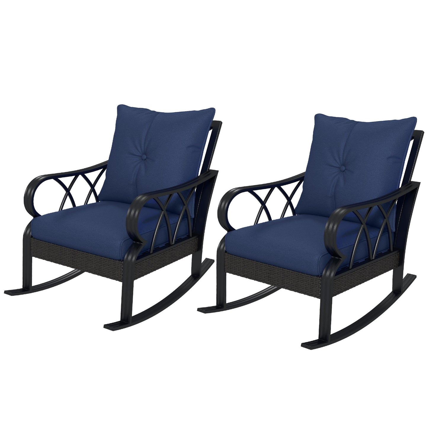 Reclining Lounge Chairs - Outsunny 2 Piece Outdoor Wicker Rocking Chairs Rattan Porch Rockers with Cushions, Aluminum Frame for Garden, Patio, Blue - Outdoor Style Company