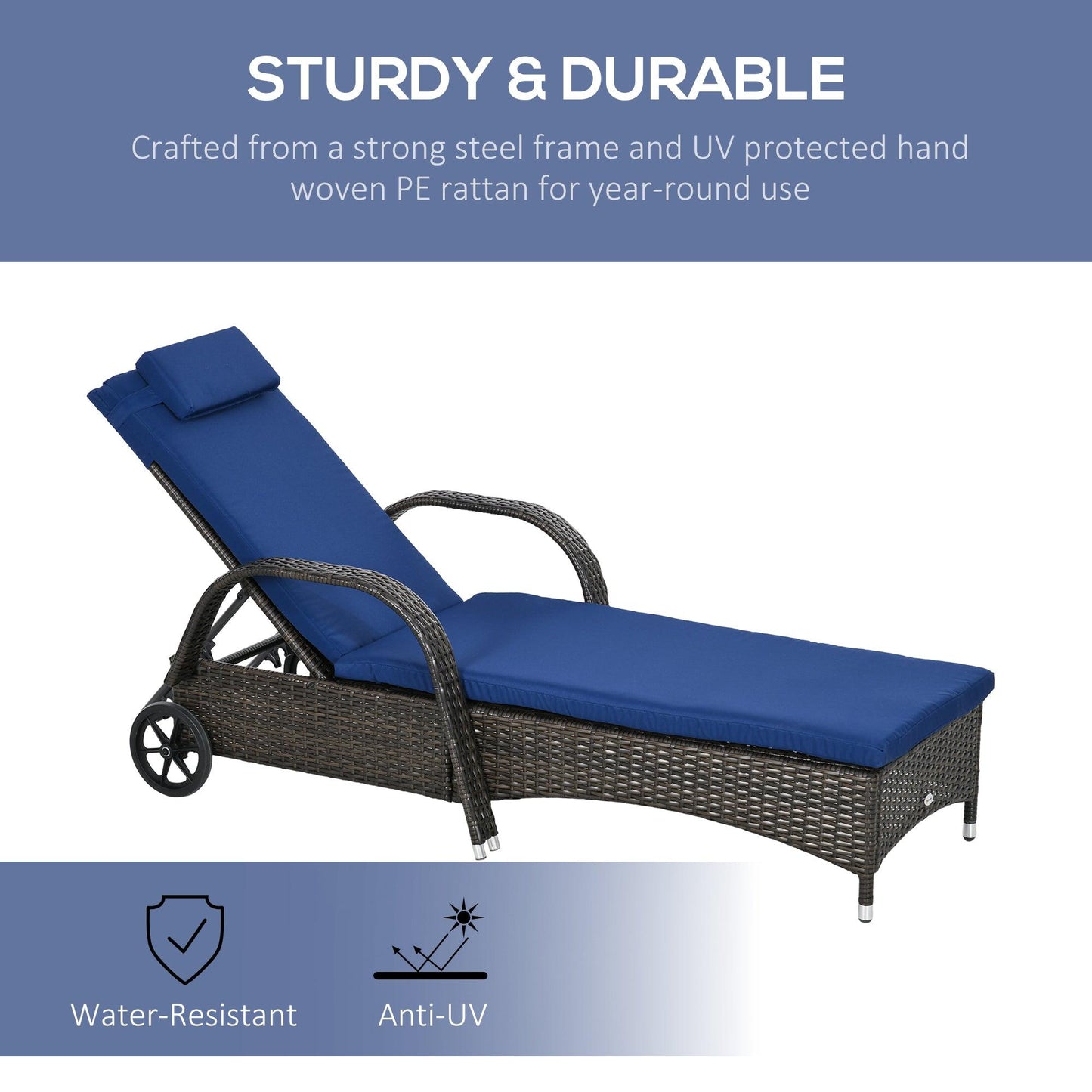 '-Outsunny 2 Piece Reclining Chaise Lounge Chairs, Outdoor Rattan Sun Longers with Cushion, Wheels for Poolside, Patio, Dark Blue - Outdoor Style Company