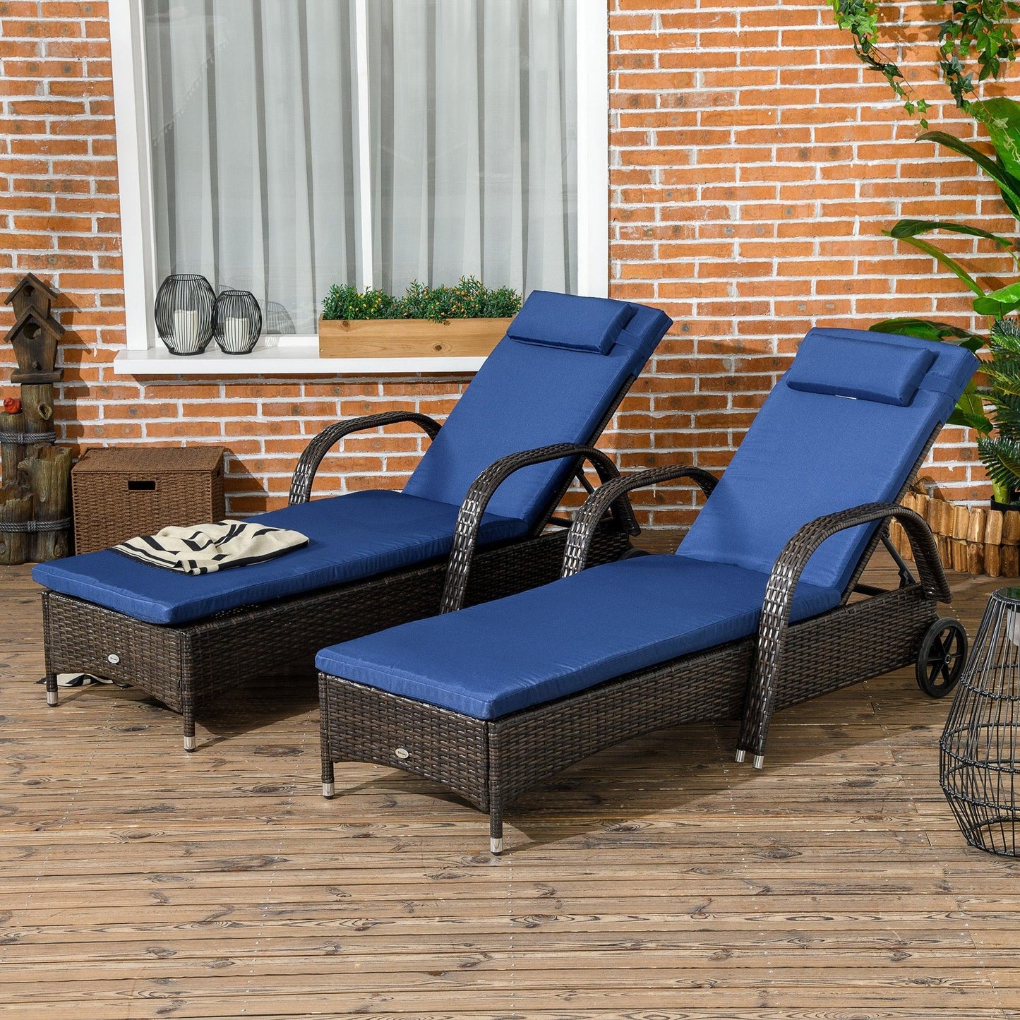 '-Outsunny 2 Piece Reclining Chaise Lounge Chairs, Outdoor Rattan Sun Longers with Cushion, Wheels for Poolside, Patio, Dark Blue - Outdoor Style Company