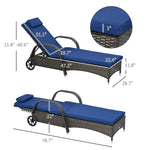 '-Outsunny 2 Piece Reclining Chaise Lounge Chairs, Outdoor Rattan Sun Longers with Cushion, Wheels for Poolside, Patio, Dark Blue - Outdoor Style Company