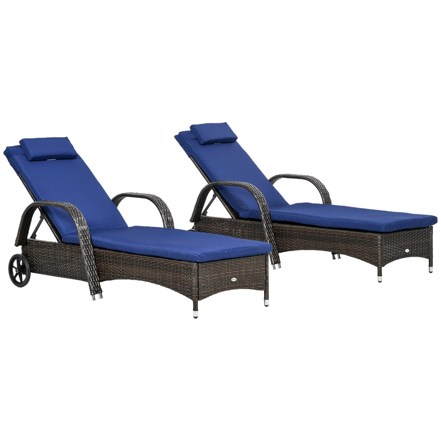 '-Outsunny 2 Piece Reclining Chaise Lounge Chairs, Outdoor Rattan Sun Longers with Cushion, Wheels for Poolside, Patio, Dark Blue - Outdoor Style Company