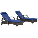 '-Outsunny 2 Piece Reclining Chaise Lounge Chairs, Outdoor Rattan Sun Longers with Cushion, Wheels for Poolside, Patio, Dark Blue - Outdoor Style Company