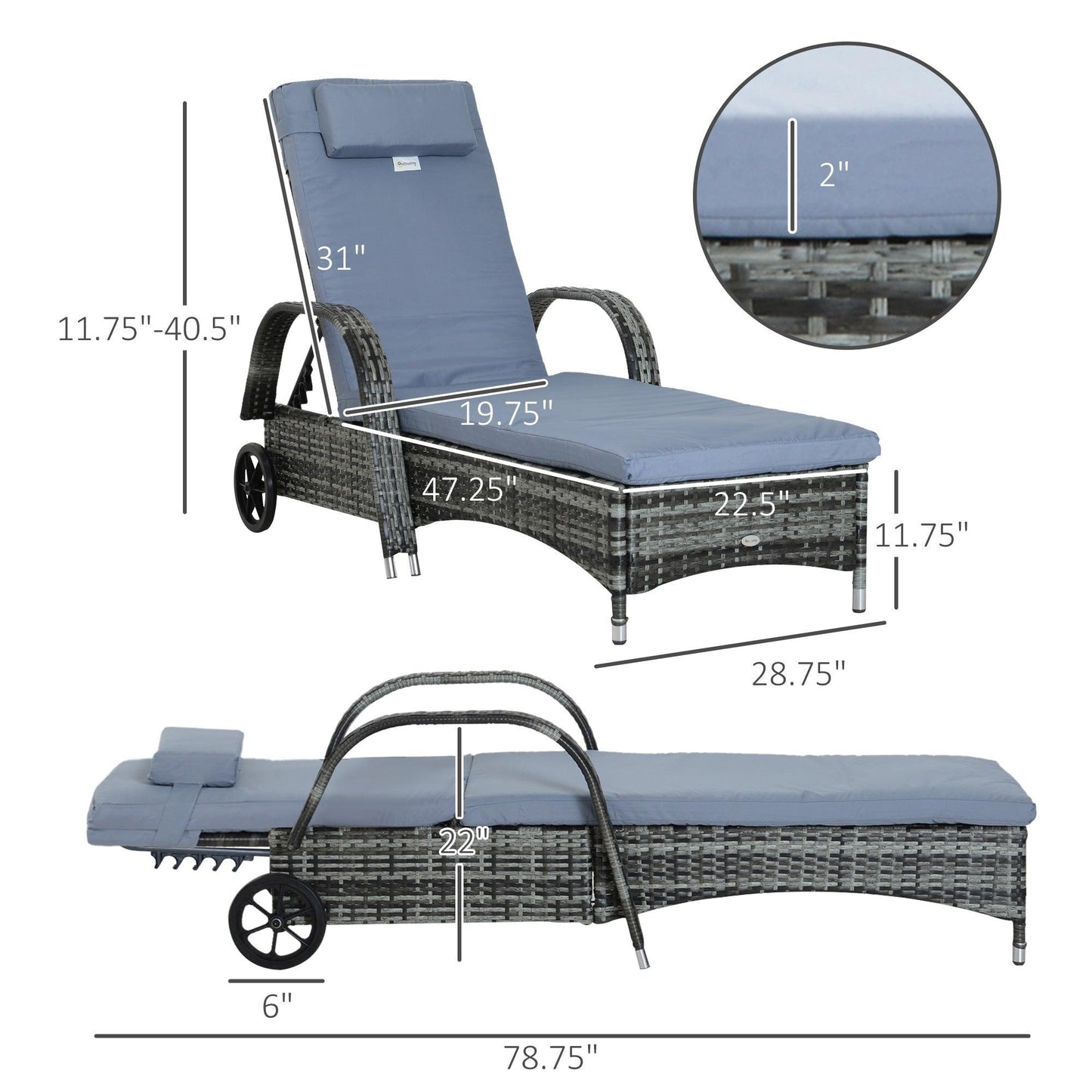 '-Outsunny 2 Piece Reclining Chaise Lounge Chairs, Outdoor Rattan Sun Longers with Cushion, Wheels for Poolside, Patio, Gray - Outdoor Style Company