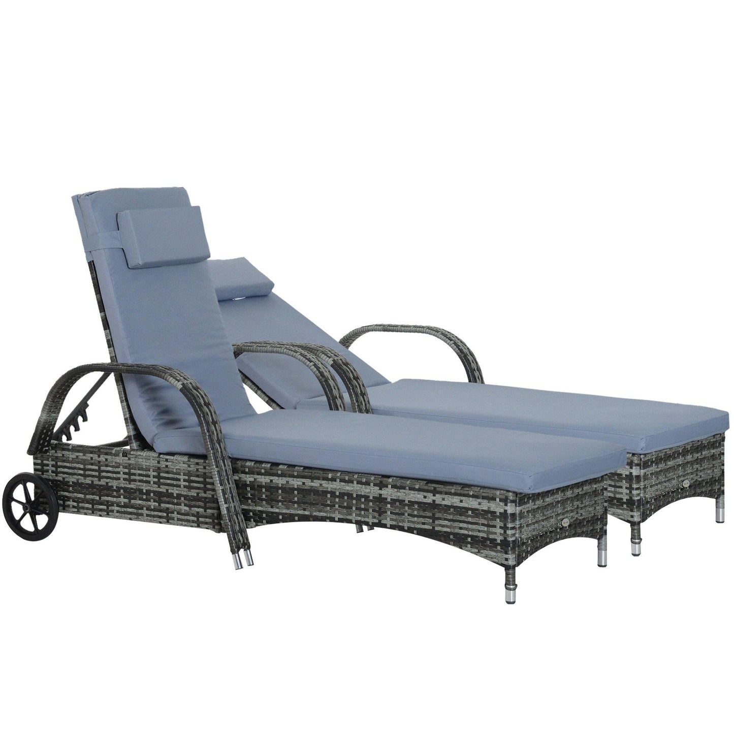 '-Outsunny 2 Piece Reclining Chaise Lounge Chairs, Outdoor Rattan Sun Longers with Cushion, Wheels for Poolside, Patio, Gray - Outdoor Style Company