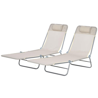 Reclining Lounge Chairs - Outsunny 2 Piece Sun Loungers, Folding Chaise Lounge Chairs with Reclining Back, Breathable Mesh Seat, Headrest, Cream White - Outdoor Style Company