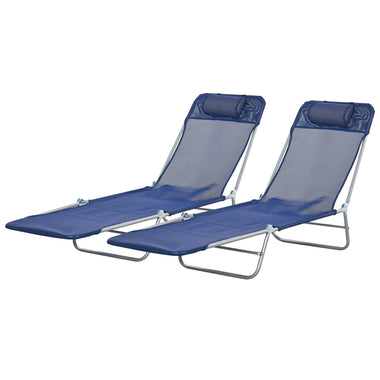 Reclining Lounge Chairs - Outsunny 2 Piece Sun Loungers, Folding Chaise Lounge Chairs with Reclining Back, Breathable Mesh Seat, Headrest, Dark Blue - Outdoor Style Company