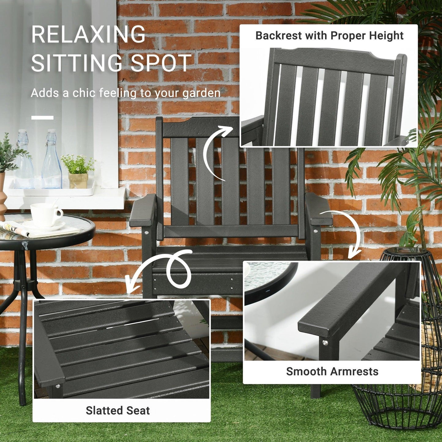 '-Outsunny 2 Pieces HDPE Outdoor Chair, Garden Chair Set with Armrests and Slatted Back for Patio, Lawn, Poolside, Gray - Outdoor Style Company