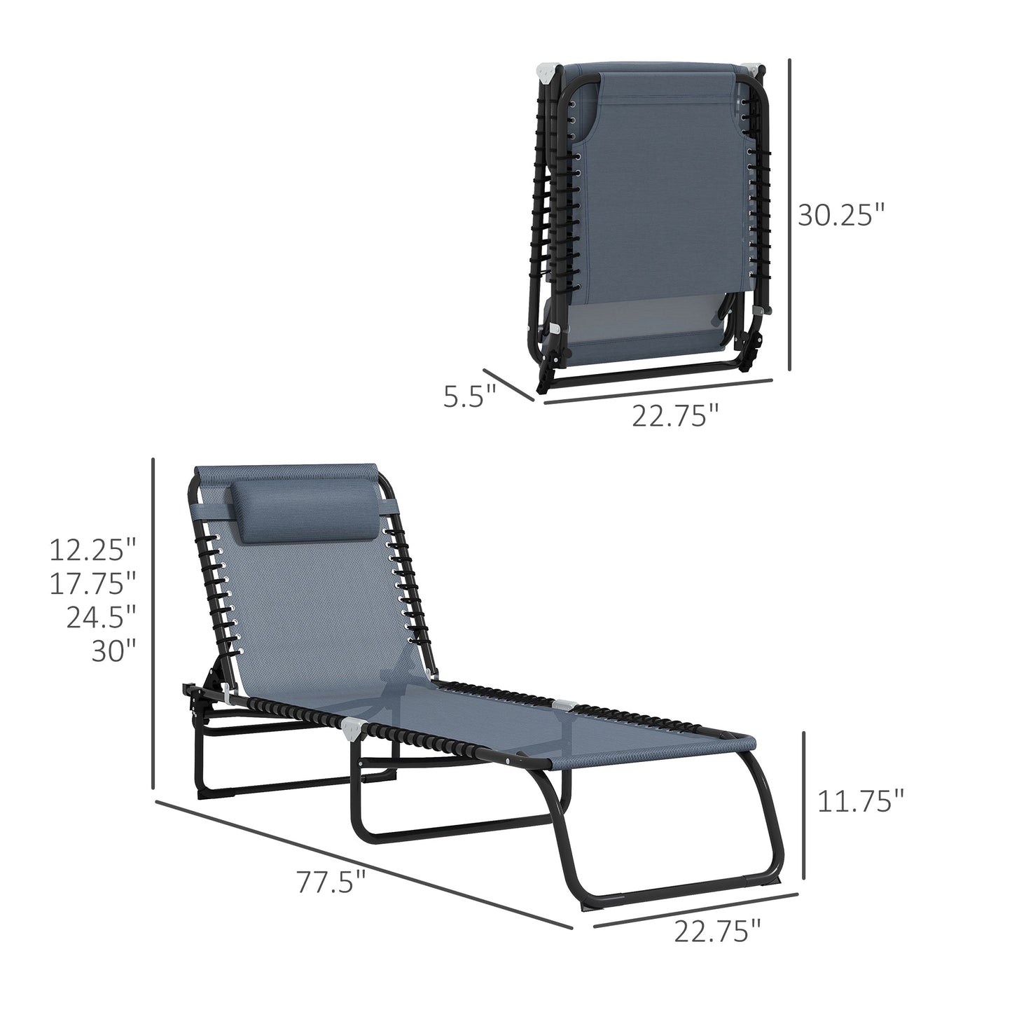 -Outsunny 2 Pieces of 4-Position Reclining Beach Chair Chaise Lounge Folding Chair - Gray - Outdoor Style Company