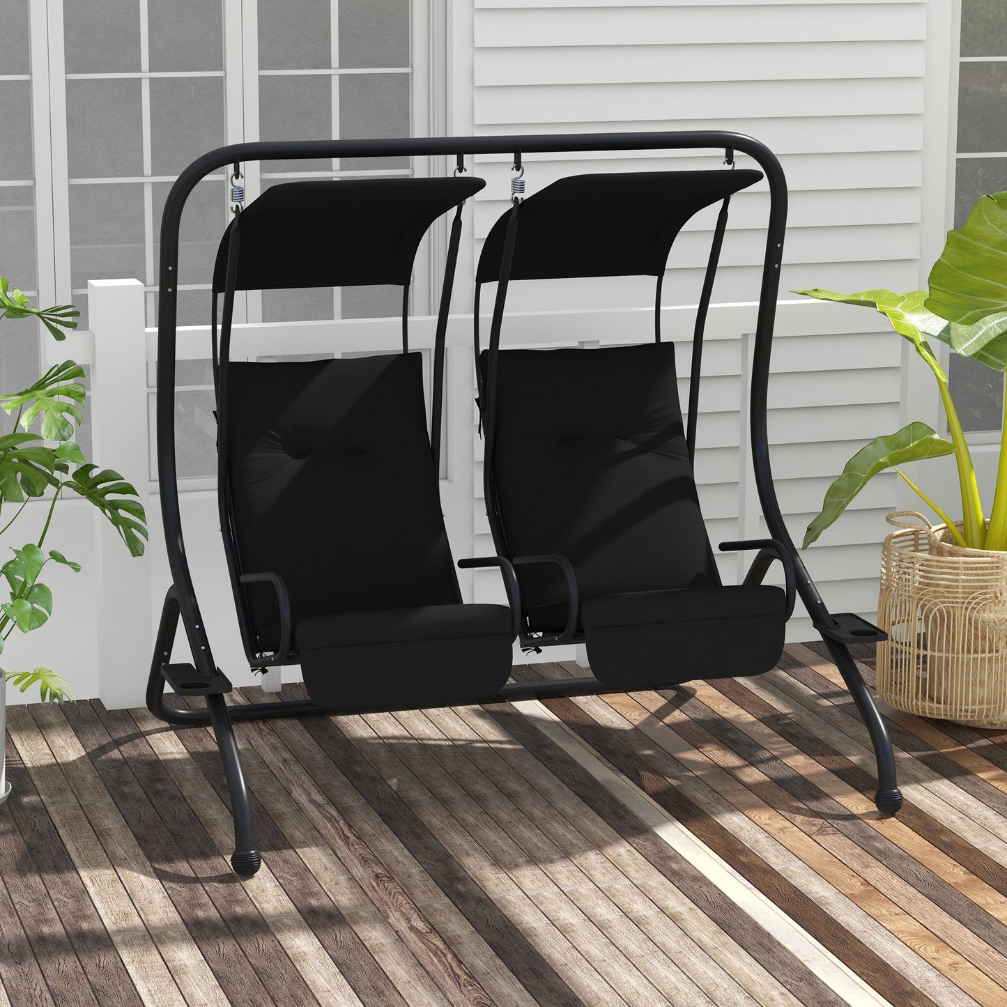 '-Outsunny 2-Seater Outdoor Porch Swing with Canopy, Patio Swing Chair for Garden, Poolside, Backyard, Black - Outdoor Style Company