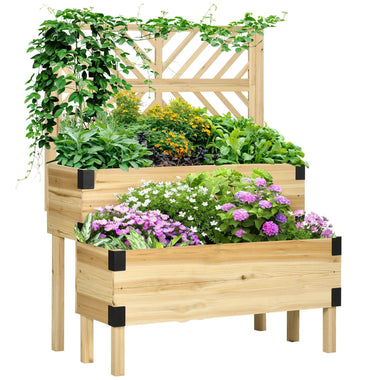 '-Outsunny 2 Tier Raised Garden Bed with Trellis, Wooden Elevated Planter Box with Legs and Metal Corners, for Vegetables, Flowers, Herbs, Natural - Outdoor Style Company