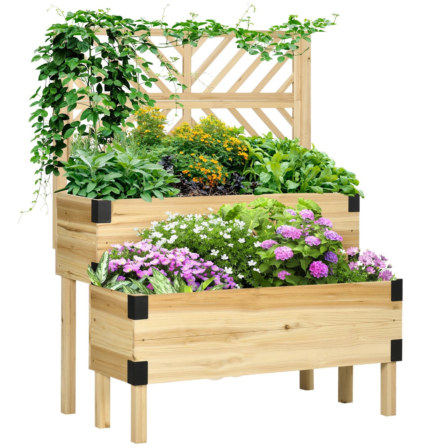 '-Outsunny 2 Tier Raised Garden Bed with Trellis, Wooden Elevated Planter Box with Legs and Metal Corners, for Vegetables, Flowers, Herbs, Natural - Outdoor Style Company