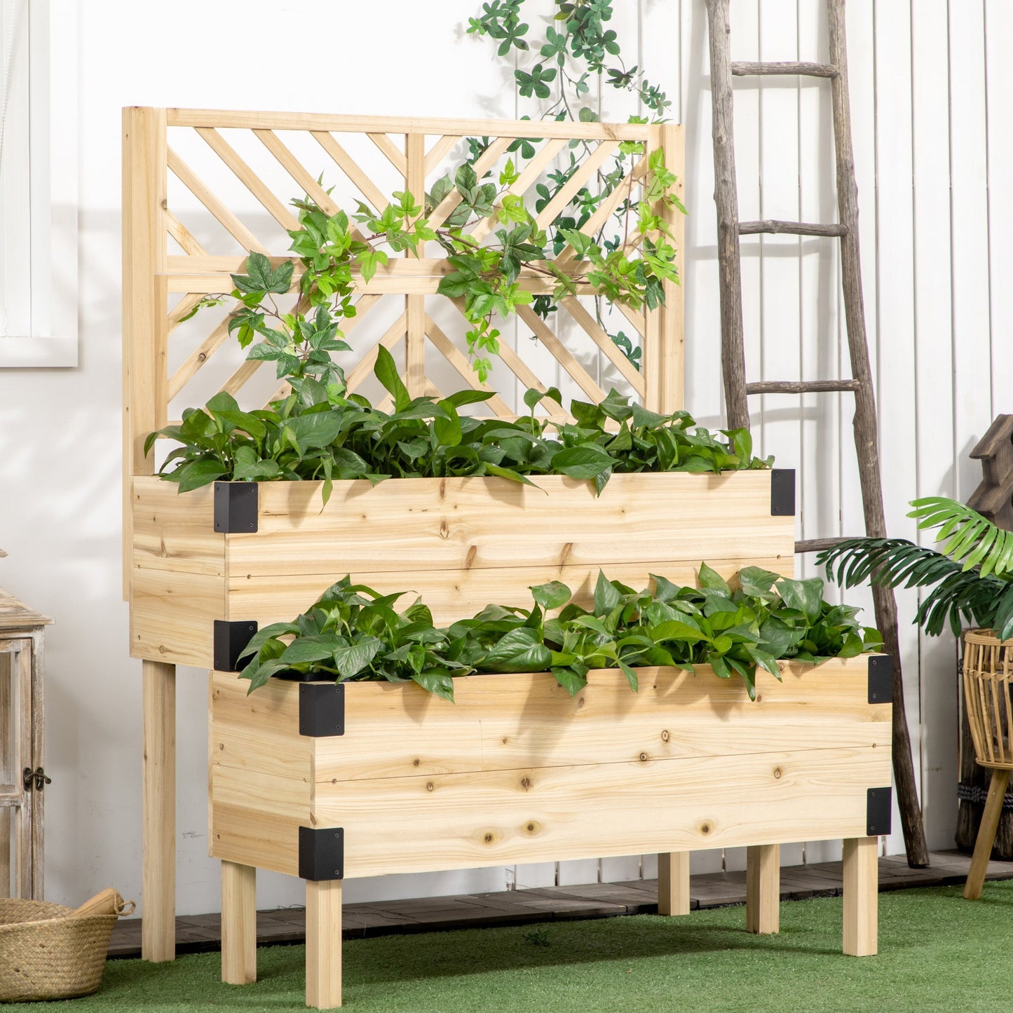 '-Outsunny 2 Tier Raised Garden Bed with Trellis, Wooden Elevated Planter Box with Legs and Metal Corners, for Vegetables, Flowers, Herbs, Natural - Outdoor Style Company