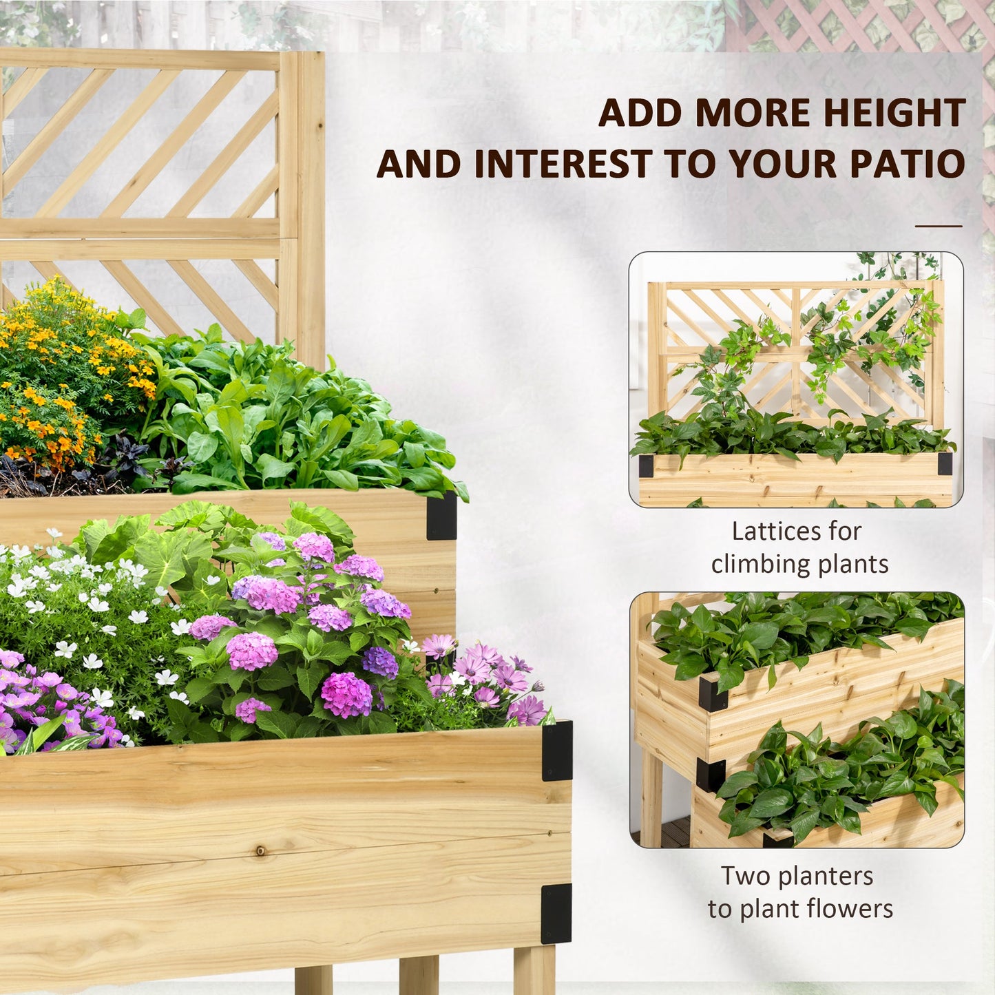 '-Outsunny 2 Tier Raised Garden Bed with Trellis, Wooden Elevated Planter Box with Legs and Metal Corners, for Vegetables, Flowers, Herbs, Natural - Outdoor Style Company