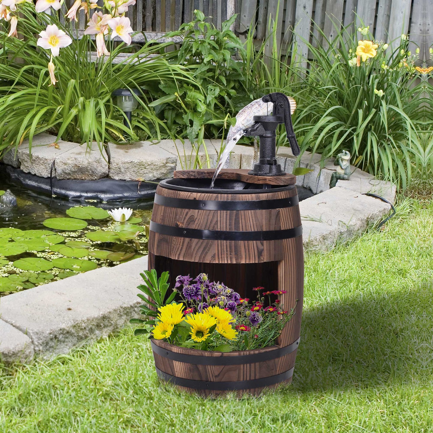 '-Outsunny 2-Tier Wooden Water Pump Fountain for Fun Garden Decor with Planting Flower Box Base & a Durable Sturdy Design - Outdoor Style Company