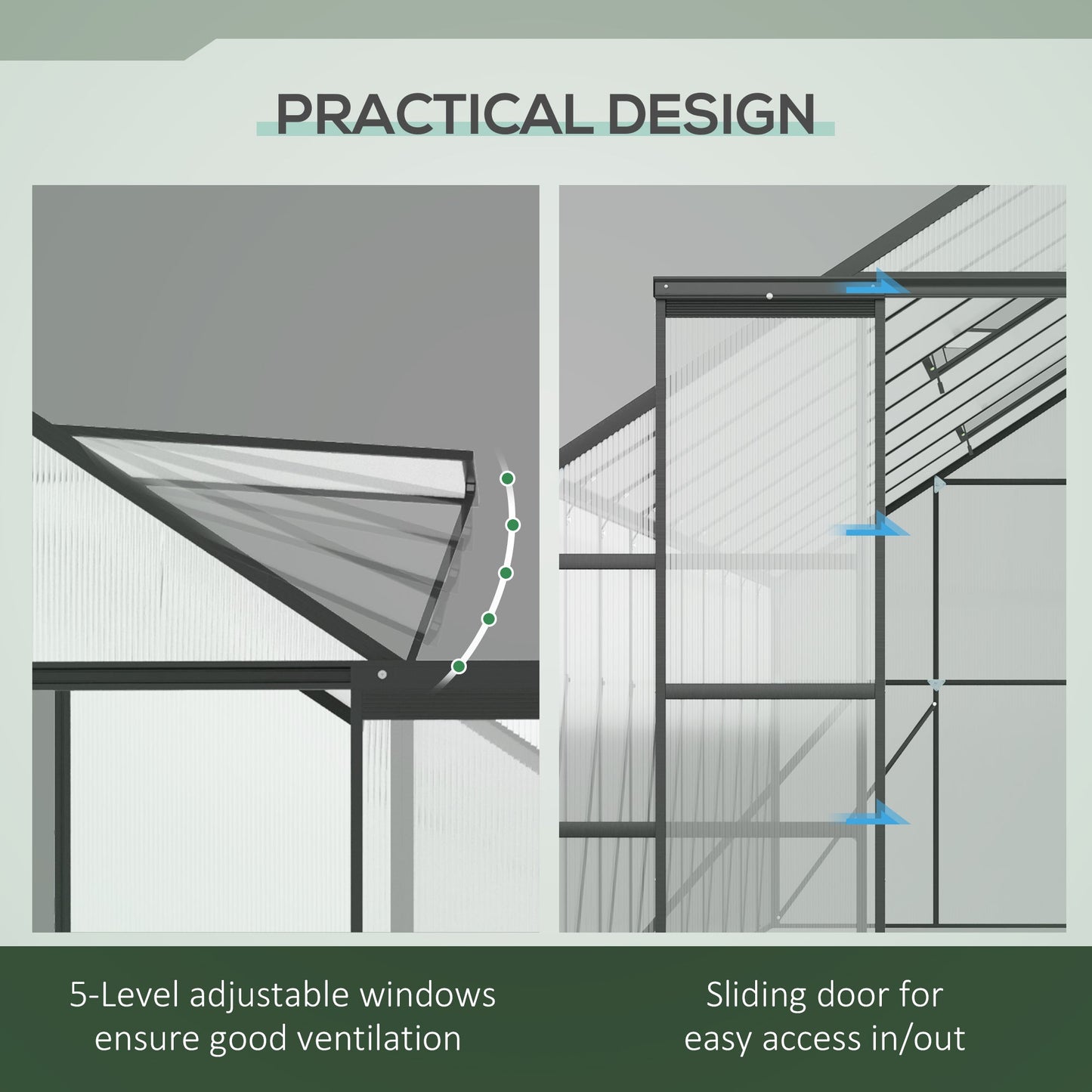 '-Outsunny 20' x 8' Aluminum Greenhouse Polycarbonate Walk-in Garden Greenhouse with Adjustable Roof Vent, Rain Gutter & Sliding Door for Winter, Clear - Outdoor Style Company