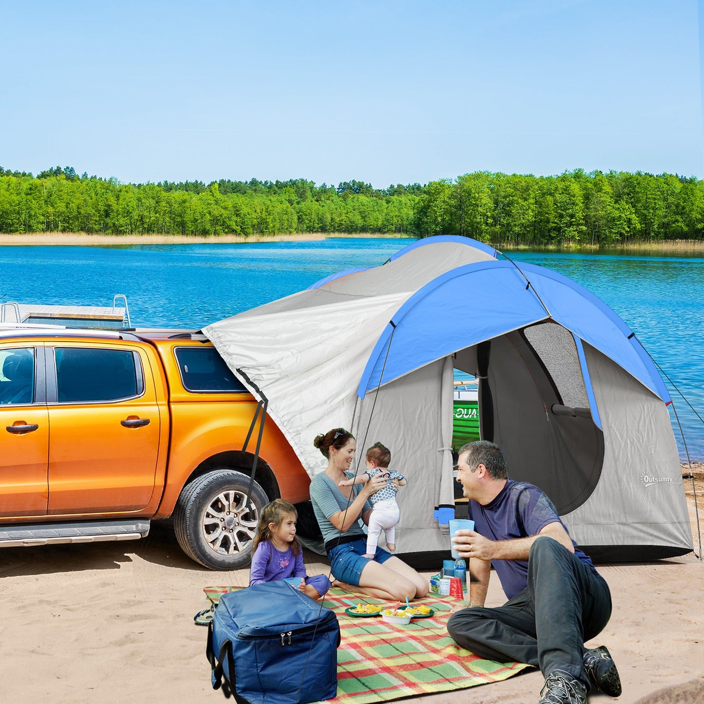 '-Outsunny 2000mm Waterproof SUV Tent, Car Tent with 3 Doors and Mesh Window, for 5-6 Person Camping Travel, Gray and Blue - Outdoor Style Company