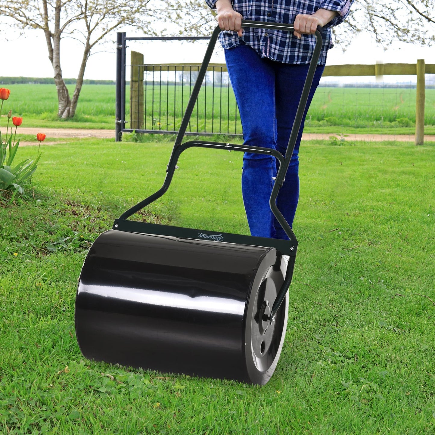 -Outsunny 20ft Sod Roller, Push/Tow Behind Lawn Roller, U-Shaped Handle, Filled with 16Gal Water, with Drain Plug, for Garden, Black | Aosom.com - Outdoor Style Company