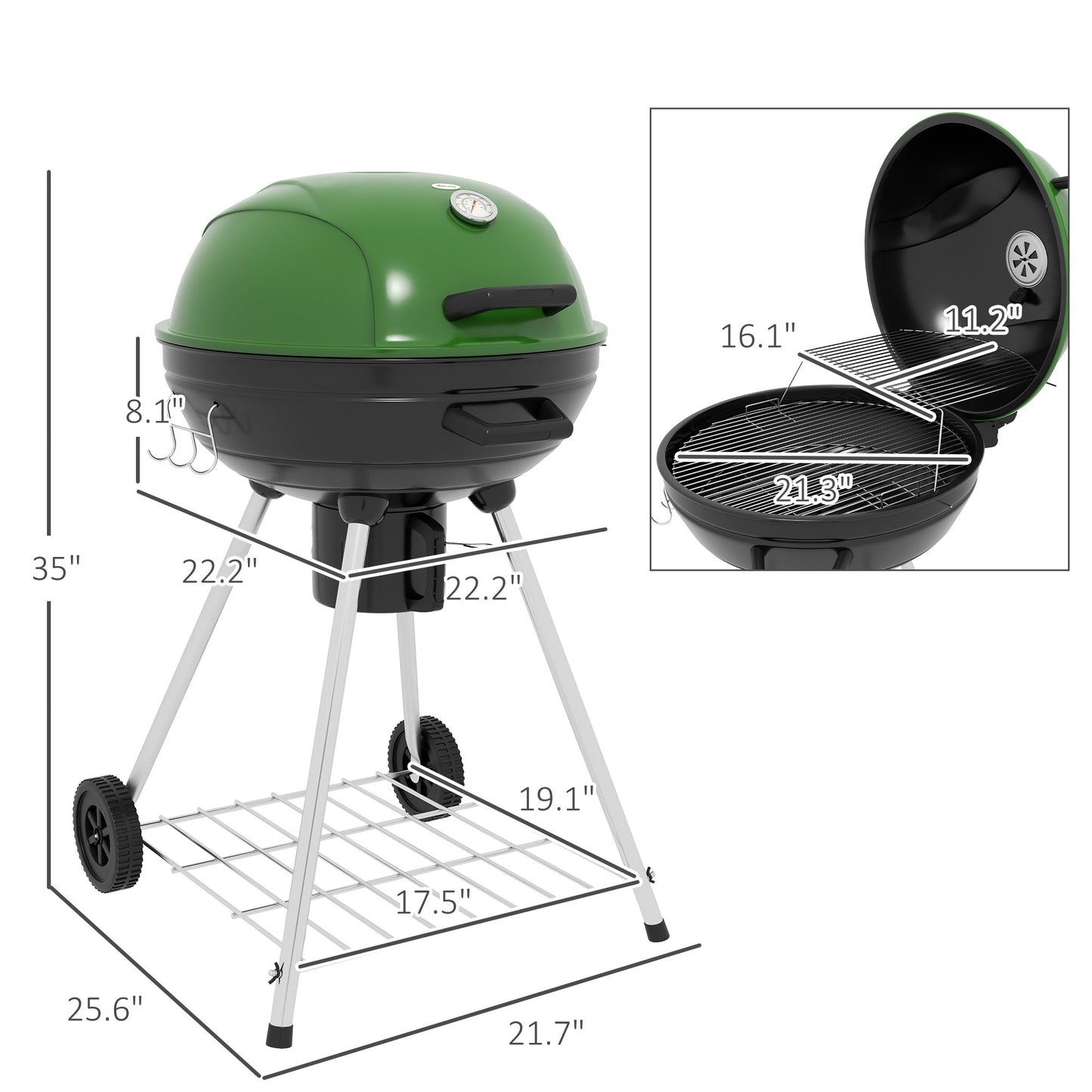 -Outsunny 21" Kettle CharcoalÂ BBQÂ GrillÂ BarbecueÂ Smoker with 360 sq.in. Cooking Area, Wheels, Ash Catcher, Green - Outdoor Style Company