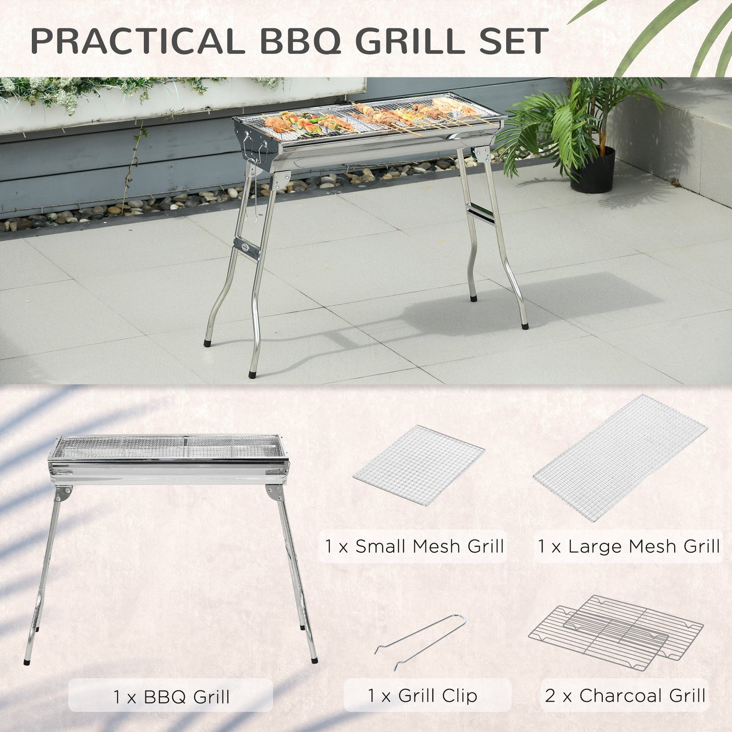 '-Outsunny 28" Charcoal Barbecue Grill, Stainless Steel Small Portable Folding BBQ Camping Grill for Shish Kabob, Silver - Outdoor Style Company