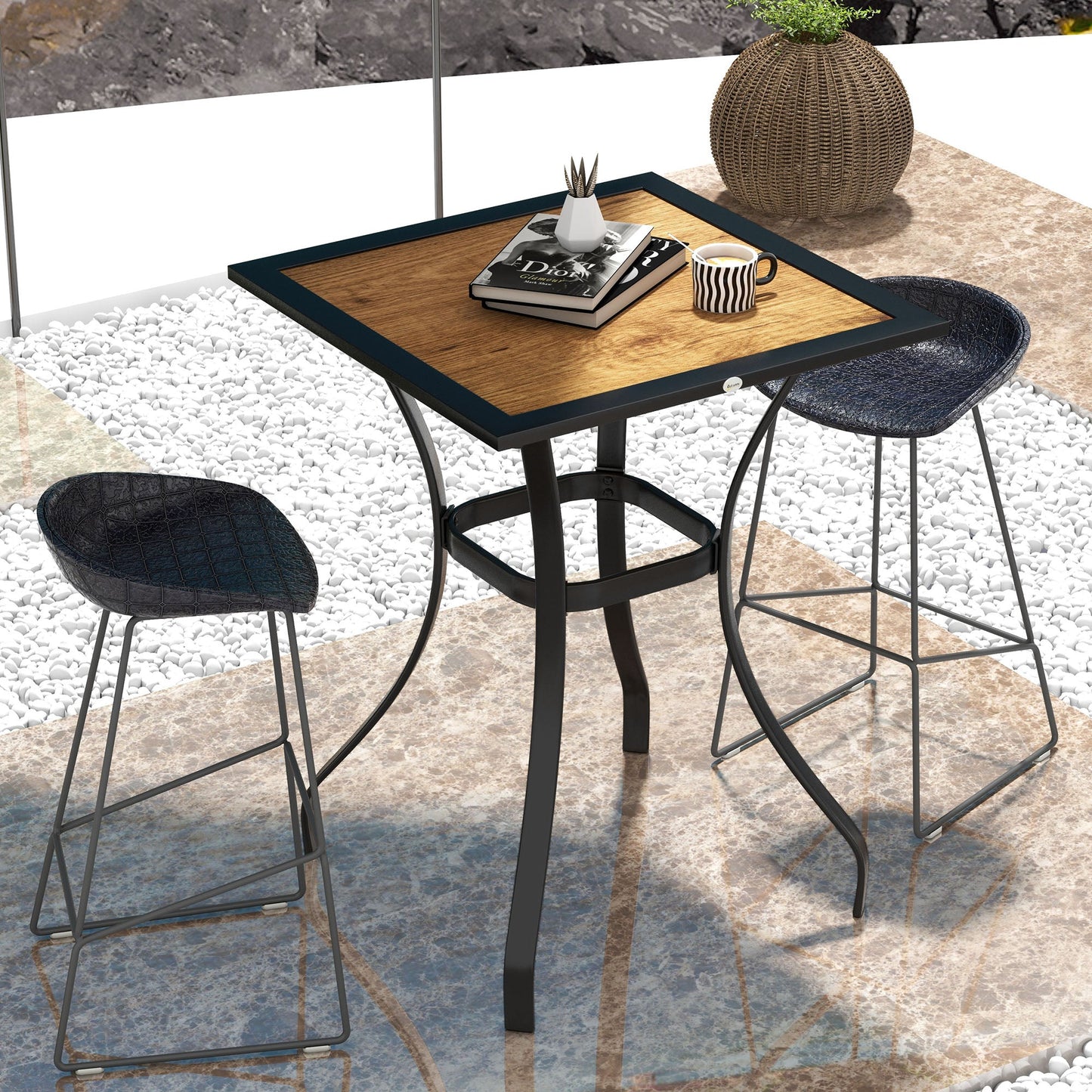 '-Outsunny 28" Outdoor Bar Table, Patio Furniture with Metal Frame Square Garden Table with Plastic Board with Wood Grain Effect, Brown - Outdoor Style Company