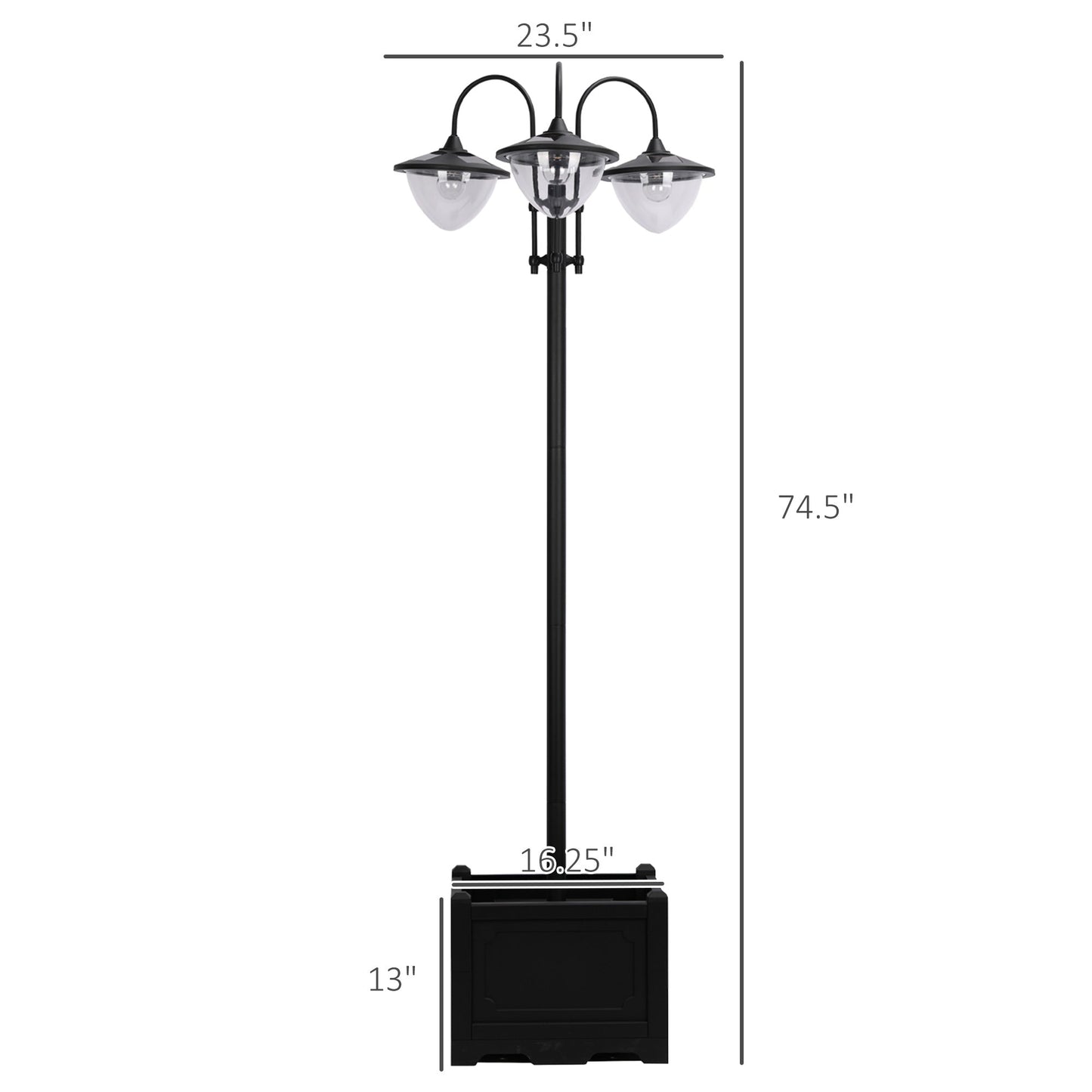 '-Outsunny 3-head LED Solar Light Lamp Street Light Post with Planter, Solar-powered Lamp Post, Black - Outdoor Style Company