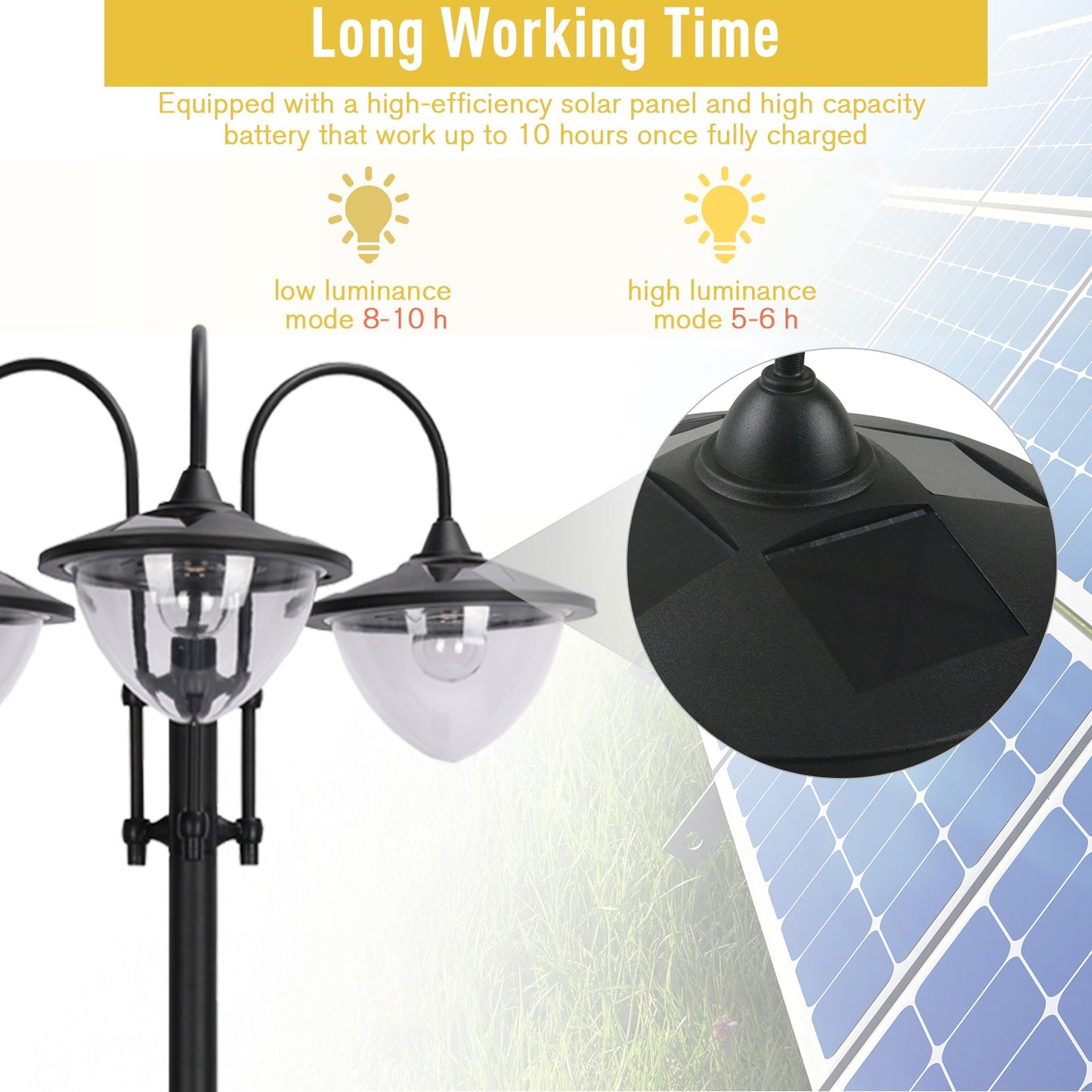 '-Outsunny 3-head LED Solar Light Lamp Street Light Post with Planter, Solar-powered Lamp Post, Black - Outdoor Style Company