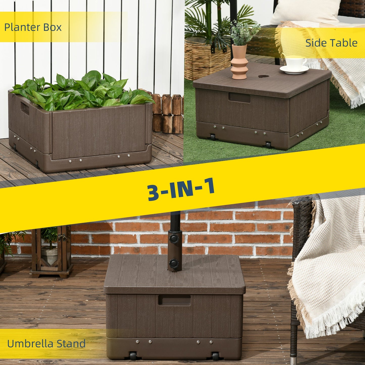 -Outsunny 3-In-1 Outdoor Umbrella Base, Coffee End Table Planter Box w/ Drainage, 175lbs Capacity Patio Umbrella Stand Table w/ Wheels & Handles, Brown - Outdoor Style Company