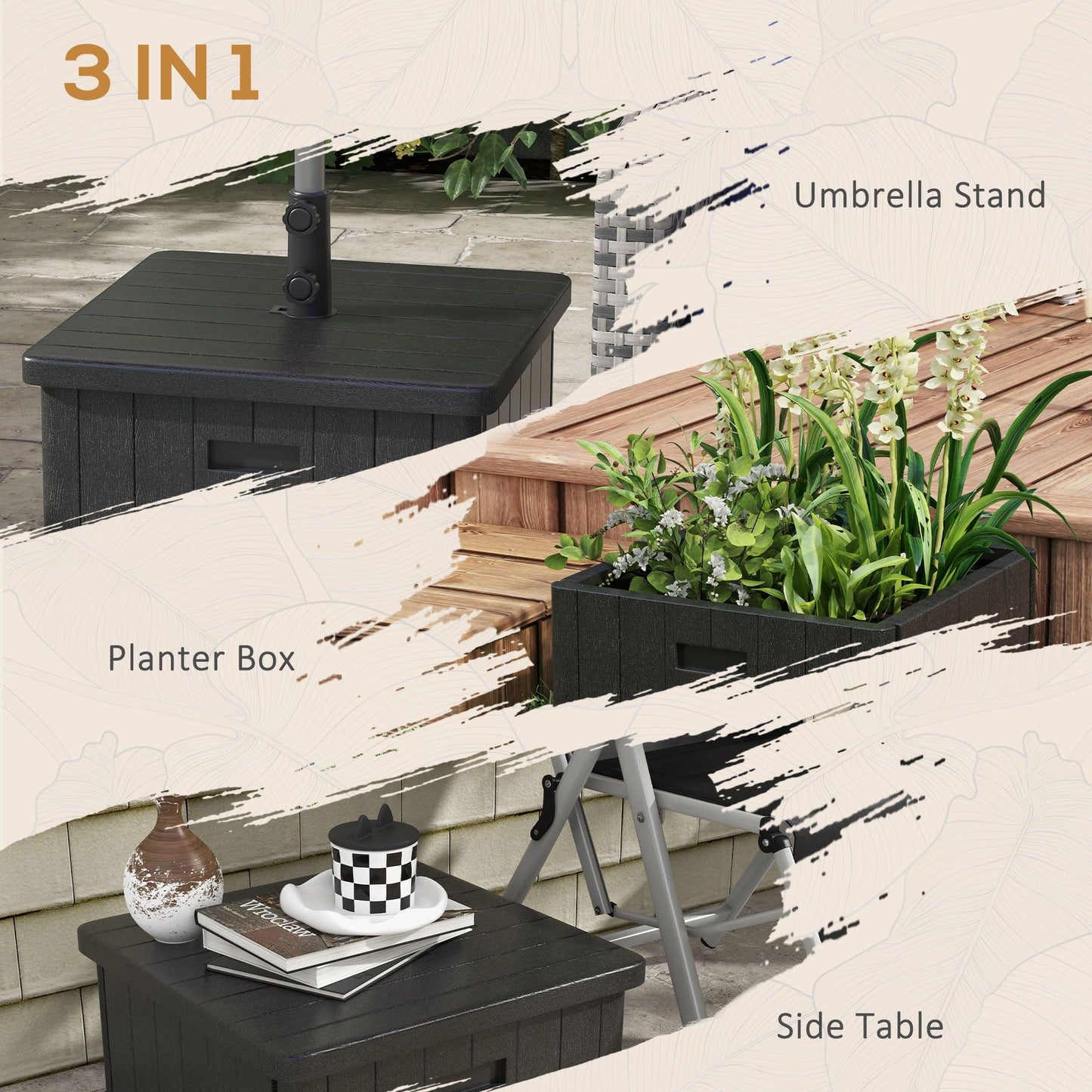 '-Outsunny 3-in-1 Outdoor Umbrella Base with Wheels and Handles, End Table, Flower Box Planter with Hole, 175 lbs. Capacity, Black - Outdoor Style Company