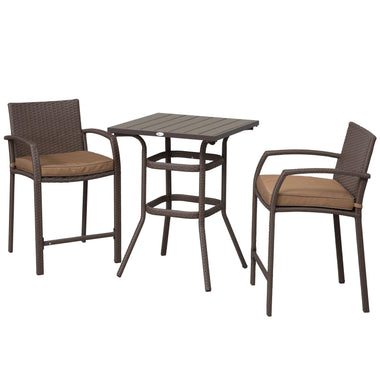 '-Outsunny 3 PCS Rattan Wicker Bar Set with Wood Grain Top Table and 2 Bar Stools for Outdoor, Patio, Poolside, Garden, Brown - Outdoor Style Company