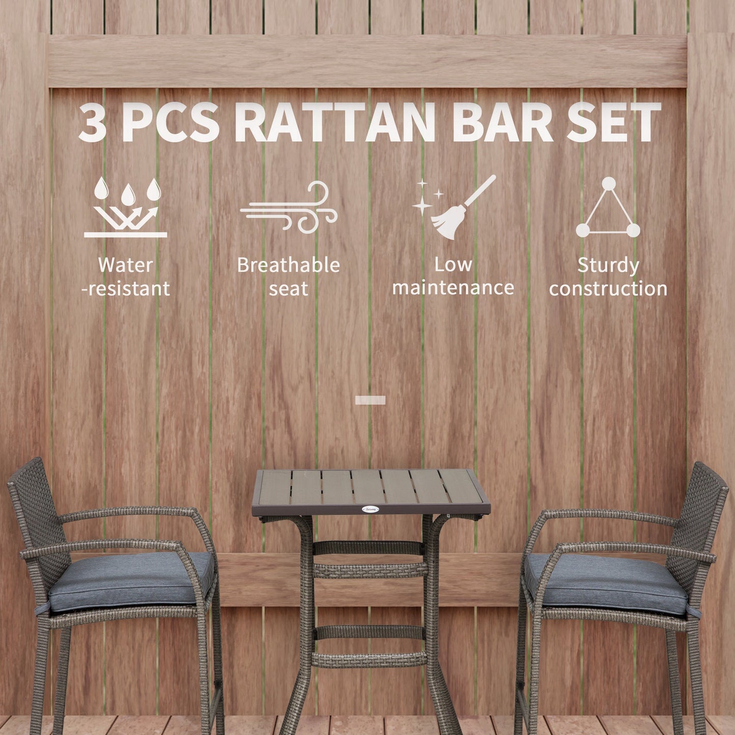 -Outsunny 3 PCS Rattan Wicker Bar Set with Wood Grain Top Table and 2 Bar Stools for Outdoor, Patio, Poolside, Garden, Grey - Outdoor Style Company