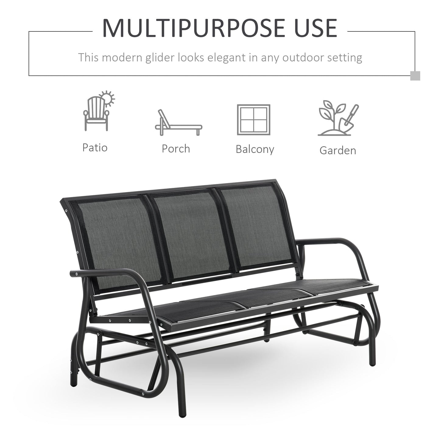 '-Outsunny 3-Person Outdoor Patio Glider Bench, Porch Glider Swing with 3 Seats, Breathable Mesh Fabric, Metal Frame, Black - Outdoor Style Company