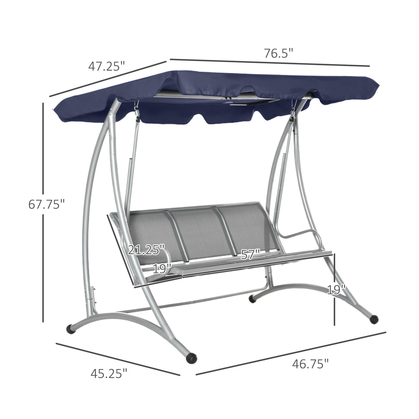 '-Outsunny 3 Person Patio Swing Seats, Porch Swing with Stand and Adjustable Canopy Outdoor Swing Chair Bench for Garden, Poolside, Blue - Outdoor Style Company