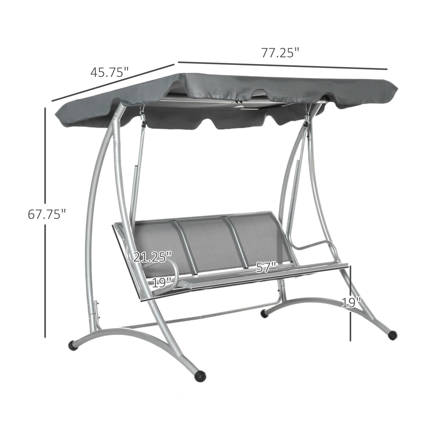 '-Outsunny 3 Person Patio Swing Seats, Porch Swing with Stand and Adjustable Canopy Outdoor Swing Chair Bench for Garden, Poolside, Grey - Outdoor Style Company