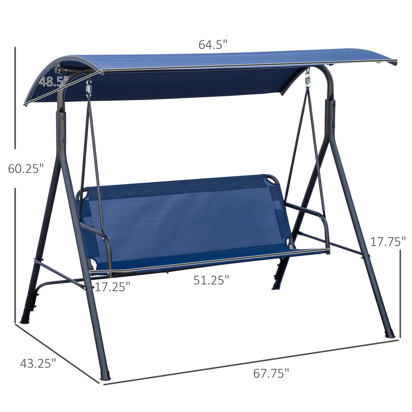 '-Outsunny 3-Person Porch Swing Bench with Stand & Adjustable Canopy, Armrests, Steel Frame for Outdoor, Garden, Patio, Porch & Poolside, Dark Blue - Outdoor Style Company