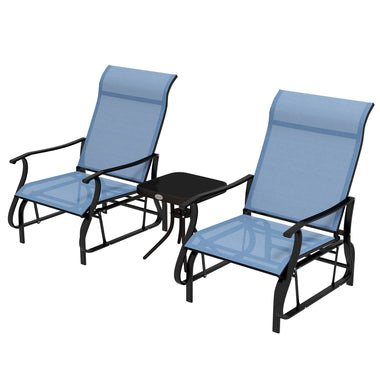 -Outsunny 3-Piece Outdoor Gliders Set Bistro Set with Steel Frame, Tempered Glass Top Table for Patio, Garden, Light Blue - Outdoor Style Company