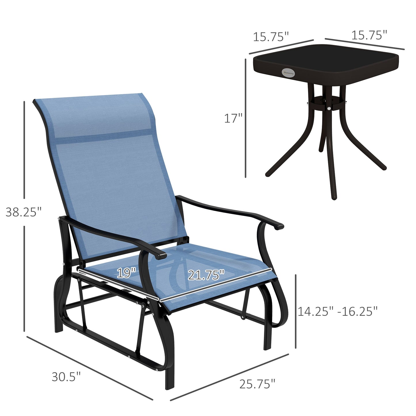 '-Outsunny 3-Piece Outdoor Gliders Set Bistro Set with Steel Frame, Tempered Glass Top Table for Patio, Garden, Light Blue - Outdoor Style Company