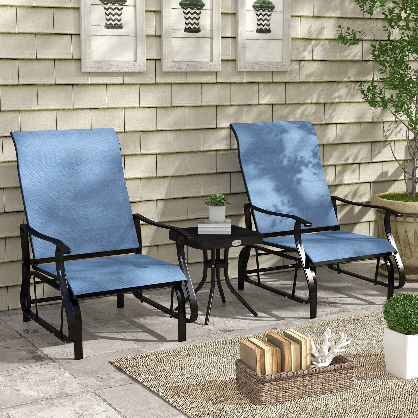 '-Outsunny 3-Piece Outdoor Gliders Set Bistro Set with Steel Frame, Tempered Glass Top Table for Patio, Garden, Light Blue - Outdoor Style Company