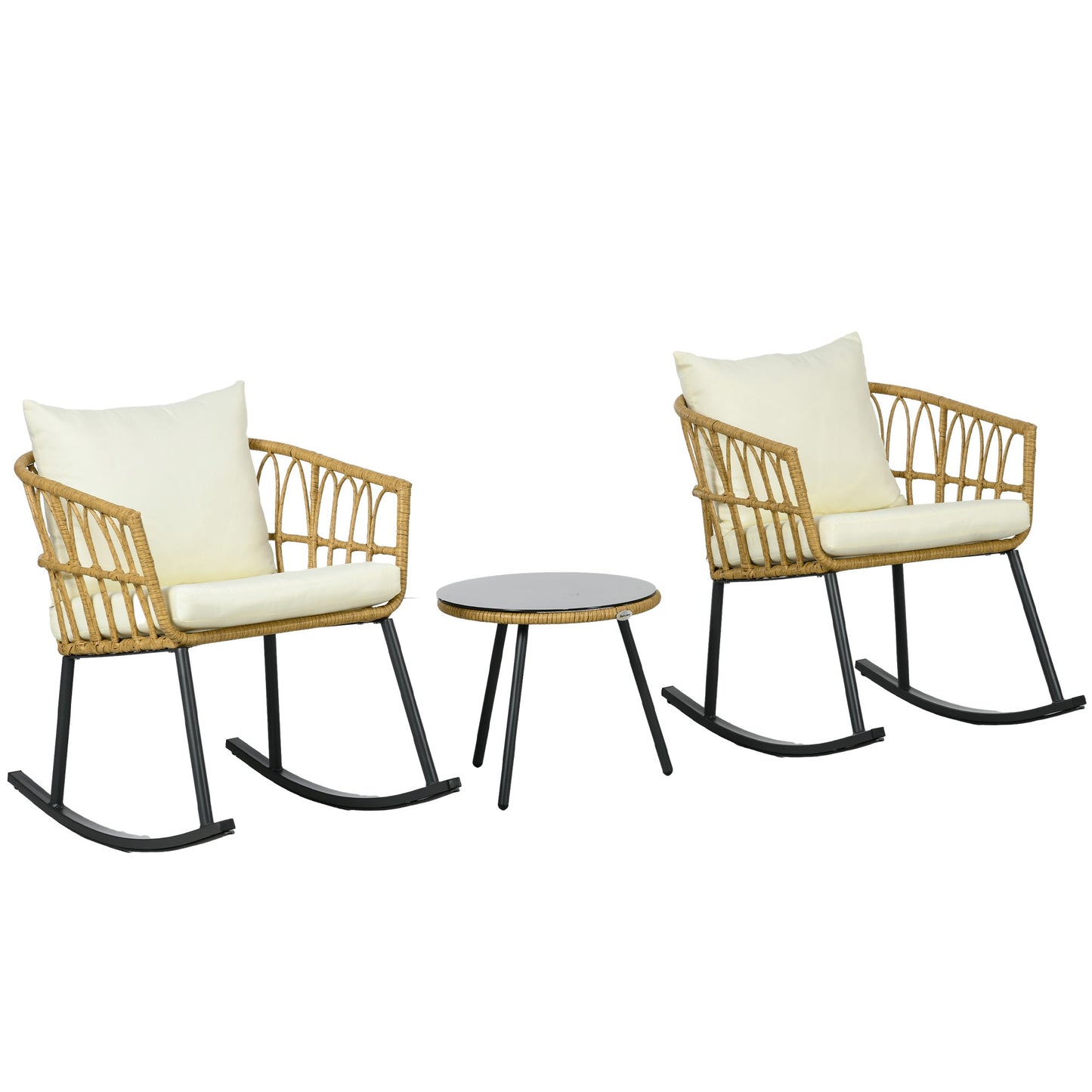 -Outsunny 3-Piece Patio Rocking Chair Set with Cushions, Outdoor PE Rattan Wicker Bistro Set with 2 Rocker Chairs, Patio Conversation Set, Cream White - Outdoor Style Company