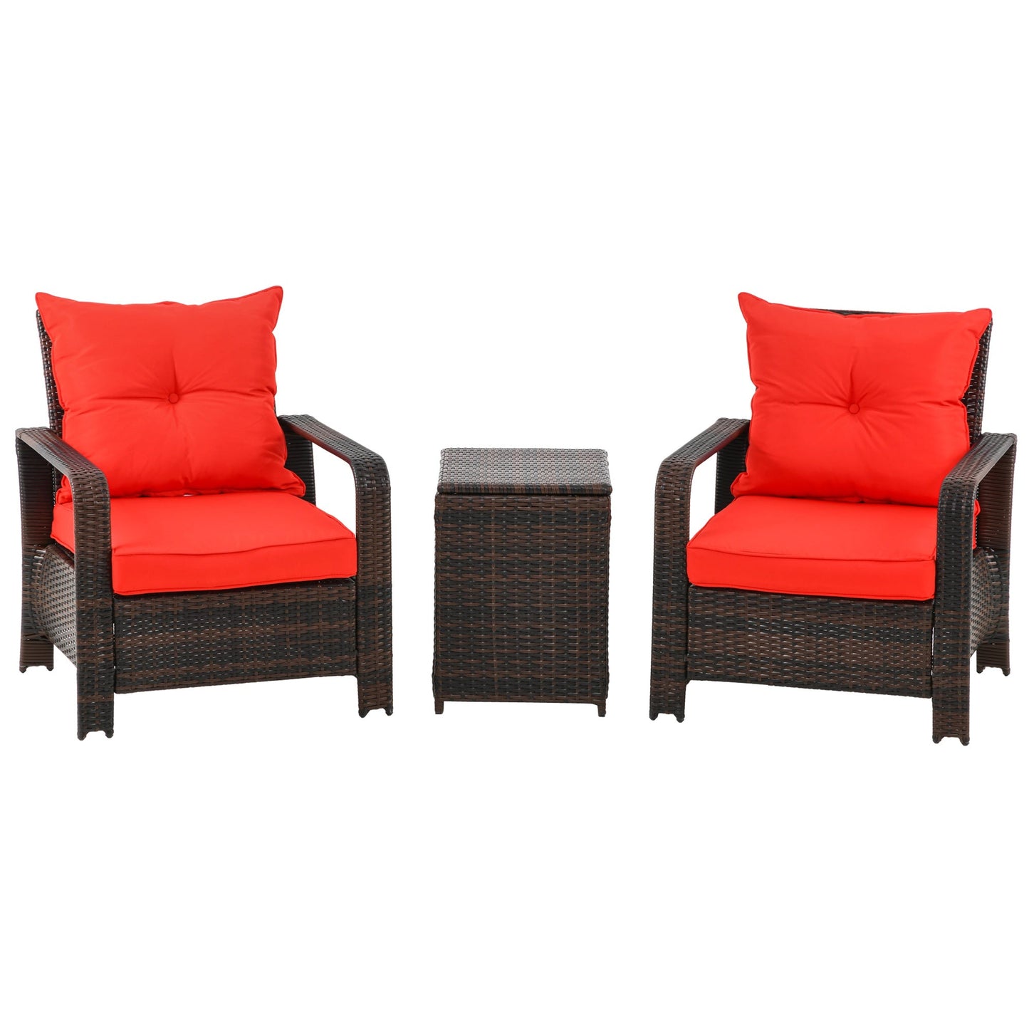 -Outsunny 3 Piece PE Rattan Patio Chairs Porch Furniture Set with 2 Chairs Padded Seats & 1 Side Table with Storage, Red - Outdoor Style Company