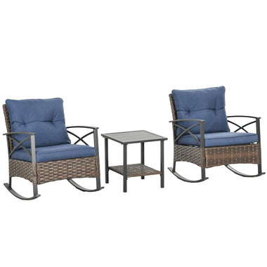 -Outsunny 3 Piece Rocking Bistro Set, Outdoor Wicker Patio Conversation Set with Rockers, Table, Cushions, for Garden, Dark Blue - Outdoor Style Company